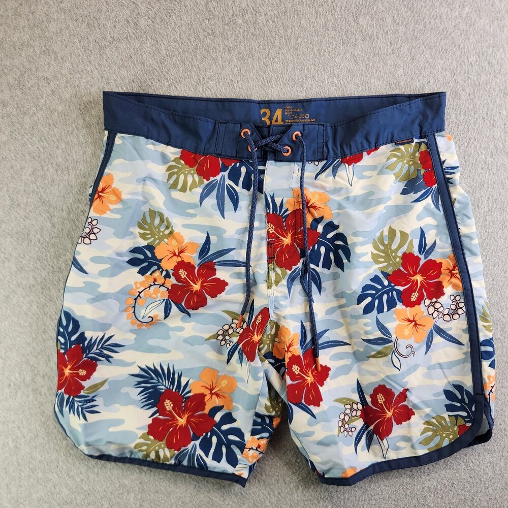 Margaritaville Board Shorts Mens 34 Blue Camo Floral Tropical Tiki Bar Resort